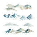 Mountain range set. Watercolor illustration. Hand drawn snowy hill element. Rocky mountains collection. Blue high Royalty Free Stock Photo