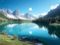 A mountain range with snow-capped peaks is visible in the distance above the lake Royalty Free Stock Photo