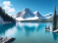 A mountain range with snow-capped peaks is visible in the distance above the lake Royalty Free Stock Photo