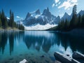 A mountain range with snow-capped peaks is visible in the distance above the lake Royalty Free Stock Photo