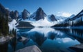 A mountain range with snow-capped peaks is visible in the distance above the lake Royalty Free Stock Photo