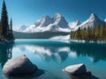 A mountain range with snow-capped peaks is visible in the distance above the lake, Royalty Free Stock Photo