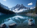 A mountain range with snow-capped peaks is visible in the distance above the lake, Royalty Free Stock Photo