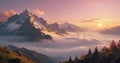 A mountain range with snow on top is shown in the distance, with a sun setting in the background. Royalty Free Stock Photo