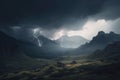 mountain range with a stormy sky, with lightning strikes and thunder Royalty Free Stock Photo