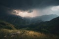 mountain range with a stormy sky, with lightning strikes and thunder Royalty Free Stock Photo