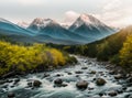 The mountain range view and river flow through the rocks along the foothills