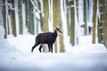 Mountain rare chamois in the snowy forest of the Luzickych Mountains Royalty Free Stock Photo