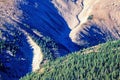 Mountain ravine with moraine scree and a spruce forest Royalty Free Stock Photo