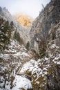 Mountain Red Wall and valley gorge Baerenschuetzklamm with wodden stairs