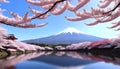 a mountain is reflected in a lake with cherry blossom blooming arround it Royalty Free Stock Photo