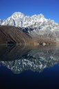 Mountain reflecting in calm Gokyo lake. Hiking in Nepal Himalayas