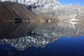 Mountain reflecting in calm Gokyo lake. Hiking in Nepal Himalayas