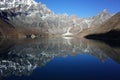 Mountain reflecting in calm Gokyo lake with view of Renjo La pass. Hiking in Nepal Himalayas