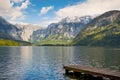 Mountain reflection in Alpine lake in Hallstatt village