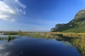 Mountain and reflection in a lake with lotus & typha angustifolia