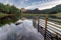 Mountain reflections in lake with fence. Royalty Free Stock Photo