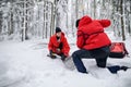 Mountain rescue service on operation outdoors in winter in forest, digging snow with shovels. Royalty Free Stock Photo