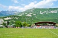 Mountain Resegone over Lecco and the rugby match.