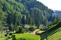 Mountain resort in twilight , an alley, a hotel , a hidden church