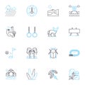 Mountain retreat linear icons set. Solitude, Tranquility, Scenic, Adventure, Serenity, Peaceful, Wilderness line vector