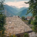 Mountain retreat with stone-roofed house Royalty Free Stock Photo
