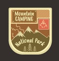 Mountain retro logo and emblem with campfire and axes. Can be us