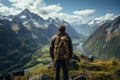 Mountain reverie, man on trek admires view, captured from behind on trail