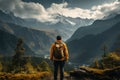 Mountain reverie, man on trek admires view, captured from behind on trail