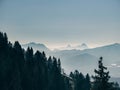 Mountain ridge peak silhouettes in the winter mist fog with pine tree forest in the foreground Dobratsch Royalty Free Stock Photo