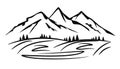 Mountain ridge silhouette with many peaks and trees - vector