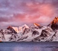 Mountain ridge during sunrise on the Lofoten islands. Royalty Free Stock Photo