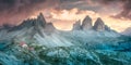 Mountain ridge view of View of Drei Zinnen or Tre Cime di Lavaredo, South Tirol, Dolomites Italien Alps Royalty Free Stock Photo