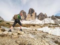 The mountain river against the sharp mountains in Dolomites