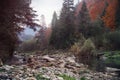 Mountain river in autumn time. Rocky shore. Colorful forest Royalty Free Stock Photo