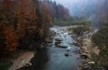 Mountain river in autumn time. Rocky shore. Colorful forest Royalty Free Stock Photo