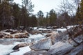 Mountain river on background of rocks and forest. Forest river water landscape. Wild river in mountain forrest panorama. Place for