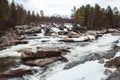 Mountain river on background of rocks and forest. Forest river water landscape. Wild river in mountain forrest panorama. Place for