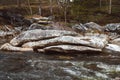 Mountain river on background of rocks and forest. Forest river water landscape. Wild river in mountain forrest panorama. Place for