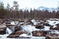 Mountain river on background of rocks and forest. Forest river water landscape. Wild river in mountain forrest panorama. Place for