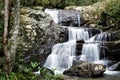 Mountain river background with small waterfalls in tropical forest