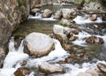 Mountain river, beautiful mountain shoal water. Water rapids. Mountain river, forest green rapid waterfall Royalty Free Stock Photo