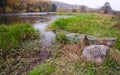 Mountain river boat plain meadow colorful spring landscape blue Royalty Free Stock Photo