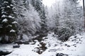 Mountain River Bridge In The Mountain Winter Forest With Snow-covered Trees And Snowfall