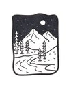 mountain and river camping nature adventure in the night wild line badge patch pin graphic illustration vector art t-shirt design