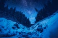 Mountain river covered with fresh snow in a moonlight