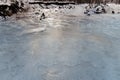 Mountain river covered with thick shiny ice in the snow, landscape of winter cold frozen nature