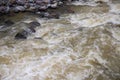 Mountain river with fast water current. River water photo texture. Green river in tropics wallpaper.