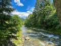 Mountain river flowing in forest. Creek flow in deep woods among stones. Running water at the mountain river among the Royalty Free Stock Photo