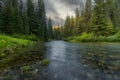 Mountain river flowing through a forest at sunset Royalty Free Stock Photo